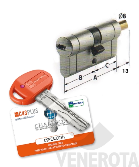 Immagine di Cilindro Champions C44 con codolo 13 mm con chiavi a duplicazione protetta Mottura
