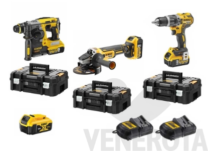 Immagine di Power kit tassellatore + trapano + smerigliatrice XR 18V DeWALT DCK353P4T