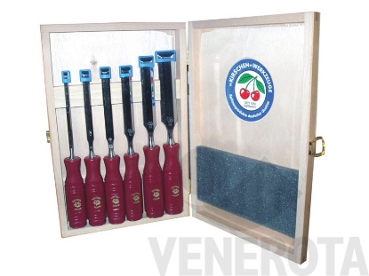 Immagine di Serie 6 scalpelli per legno manico plastica con cassetta in legno Due Ciliegie